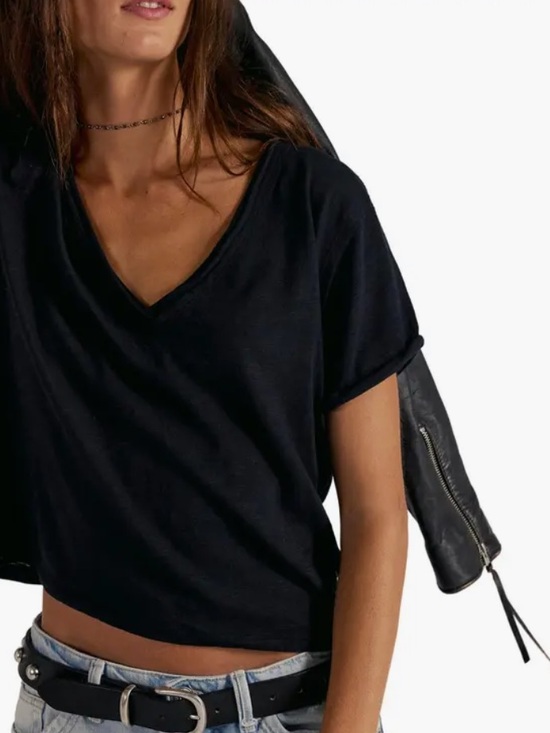 Free People Tops - Free People Black Deep V Short Sleeve Tee Top NWT